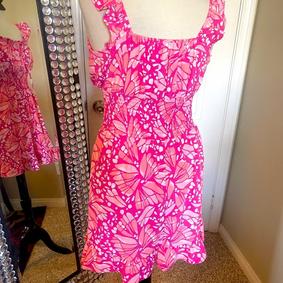 Vibrant pink and peach print dress - Picture 2 of 3